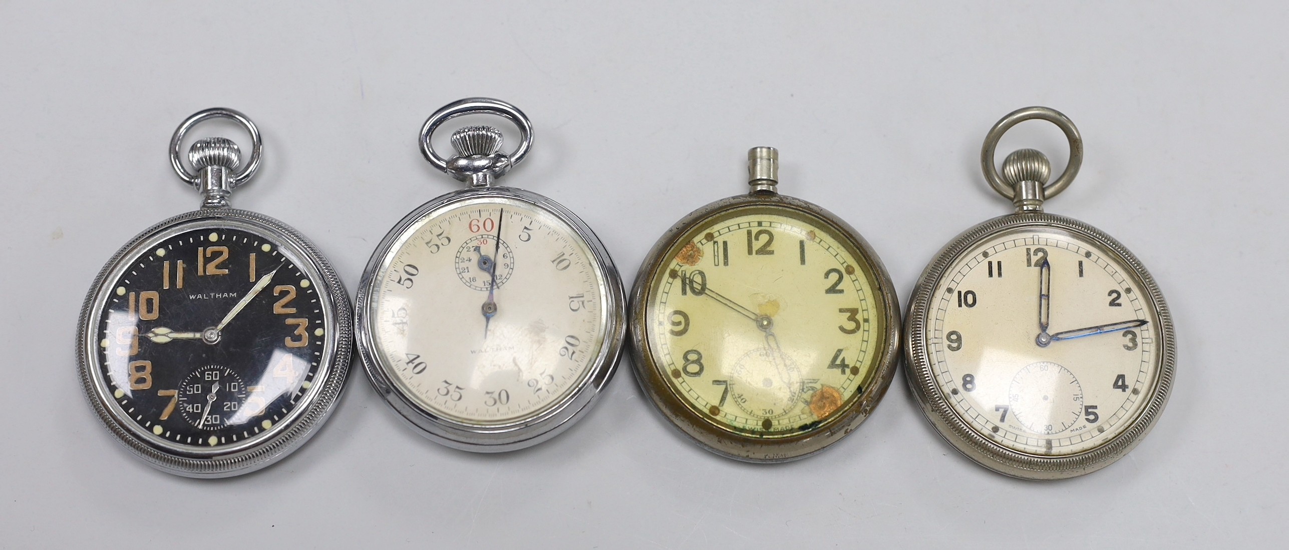 Three assorted base metal military pocket watches (a.f.) including Waltham black dial, case diameter 52mm and a similar Waltham military stop watch.